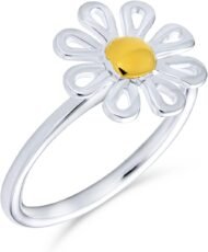 Delicate Tiny Two Tone Flower Daisy Ring For Teen For Women Thin 1MM Band 14K Gold Plated . Sterling Silver - Image 2