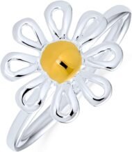 Delicate Tiny Two Tone Flower Daisy Ring For Teen For Women Thin 1MM Band 14K Gold Plated . Sterling Silver