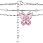 925 Sterling Silver Anklets for Women Sparkling Birthstone Ankle Bracelets for Women Layered Butterfly Anklet With Beaded Anklets for Women （With Gift Box