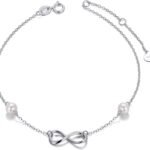 Gold Infinity Anklets for Women, Real Pearl Love Knot Ankle Bracelet Jewelry Gifts for Her, 8.6-10.2 Inch