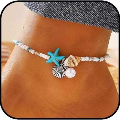 Beach  Shell Anklet for Women Waterproof Beaded Ankle Bracelets Adjustable Starfish Seashell Pearl Foot Chain Boho Jewerly Present for Summer Beach Party (White)