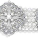 Antique Vintage Art Deco Style Wide Statement Bridal Four Multi Strand White Freshwater Cultured Pearl Choker Bracelet Necklace For Women, Wedding Silver Plated Brass 7.5"