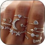 Dainty Silver Rings for Women Boho Stackable Star Moon Flower Silver Rings Set for Teens Vintage Crystal Knuckle Stacking Rings