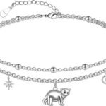 Women Anklets S925 Sterling Silver Cute Animal Layered Anklet Bracelet Adjustable Multilayer Beach Anklet Bracelet Summer Foot Jewelry Cable Chain 10-11 Inches