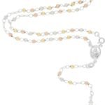 Solid  Sterling Silver Tricolor 3mm-5mm Virgin Mary Rosary Bead Cross Necklace  Made In Italy   Sterling Silver Rosary Y Necklace Chain for Women And Men