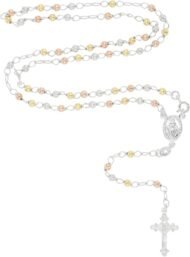 Solid  Sterling Silver Tricolor 3mm-5mm Virgin Mary Rosary Bead Cross Necklace  Made In Italy   Sterling Silver Rosary Y Necklace Chain for Women And Men