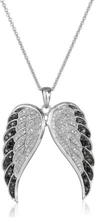 Sterling Silver Black and White Diamond Angel Wings Pendant Necklace (1/2 cttw), 18"